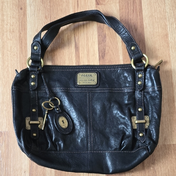 Fossil Handbags - Fossil Black Leather Shoulder Bag with Gold Accents